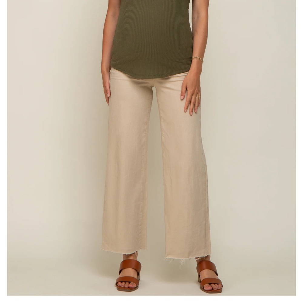 Maternity Jeans Beige Wide Leg Raw Hem